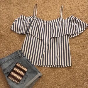 Blue & White Striped Cold Shoulder Crop Top
